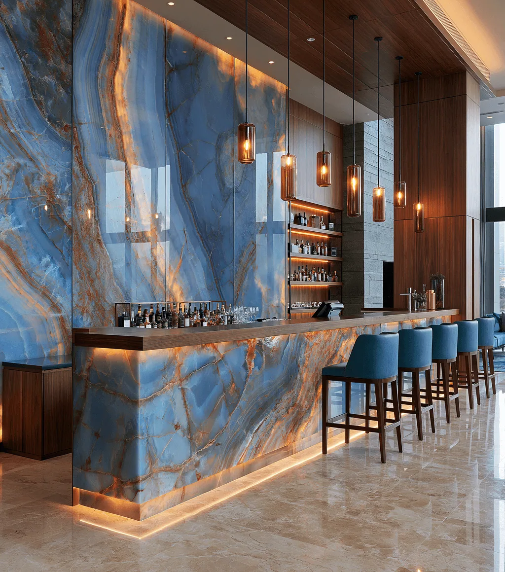Bar counter and feature wall clad in dramatic blue-and-gold marble with dense veining