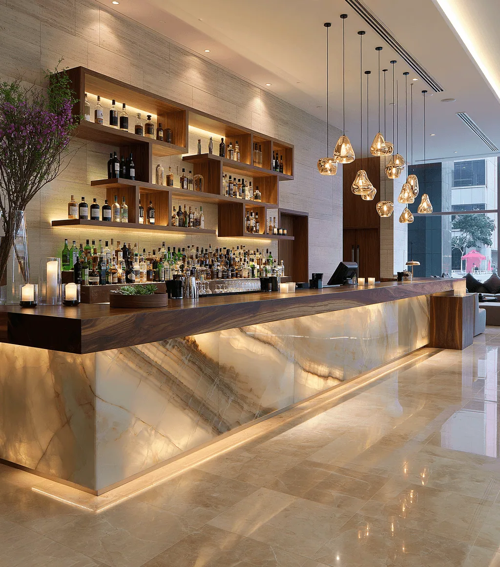 Hotel bar counter clad in cream-and-gold marble with sweeping veins, backlit