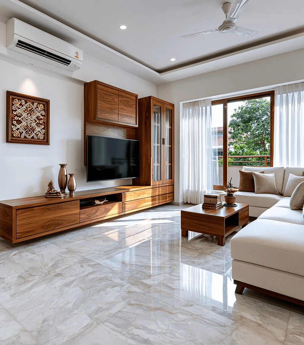 Living room with a grey-and-white veined marble floor tile and wood furniture