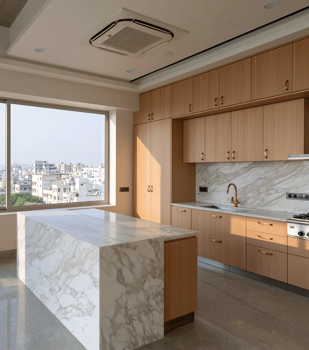 Kitchen with a white Carrara-style marble island and matching marble backsplash