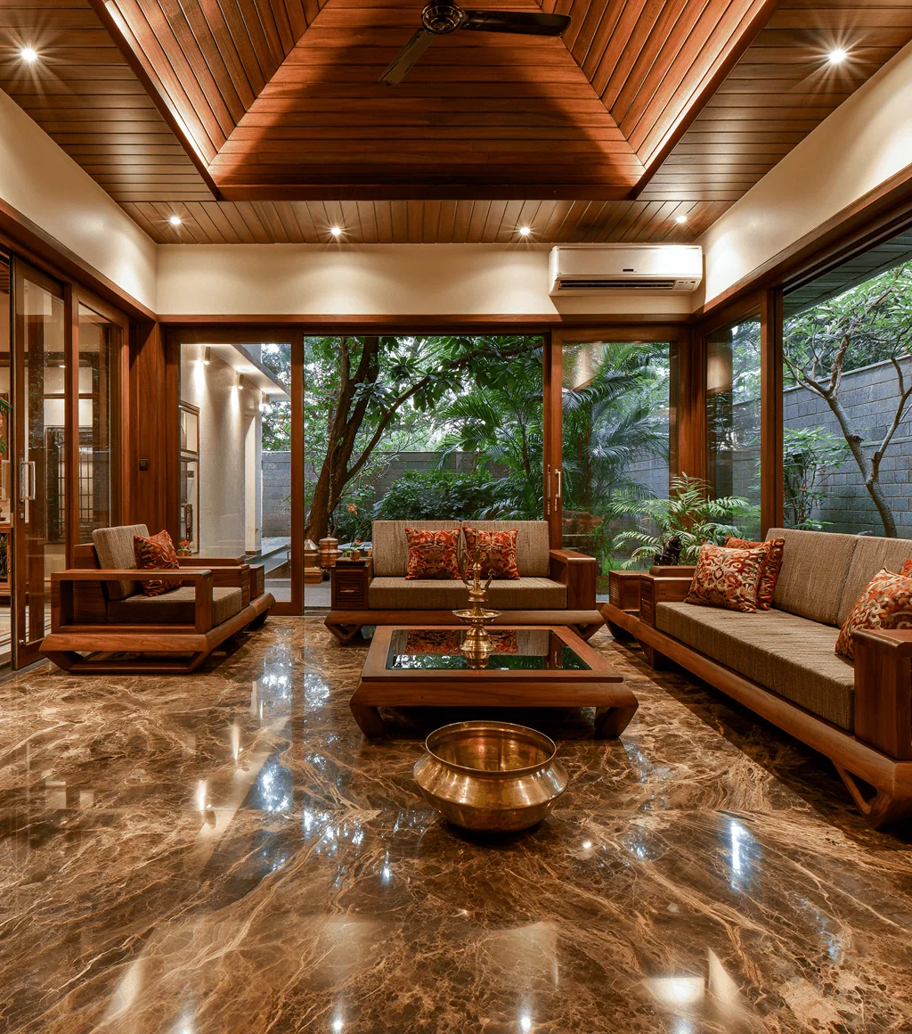 Sunroom-style living room with a warm brown marble floor with heavy veining, beneath a timber ceiling