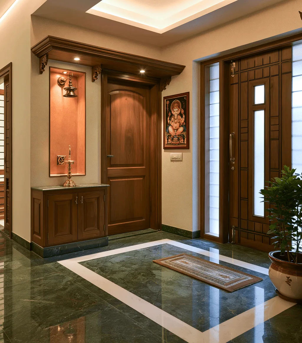 Entrance foyer with a dark green marble floor inlaid with a white marble border, beside a wooden shrine