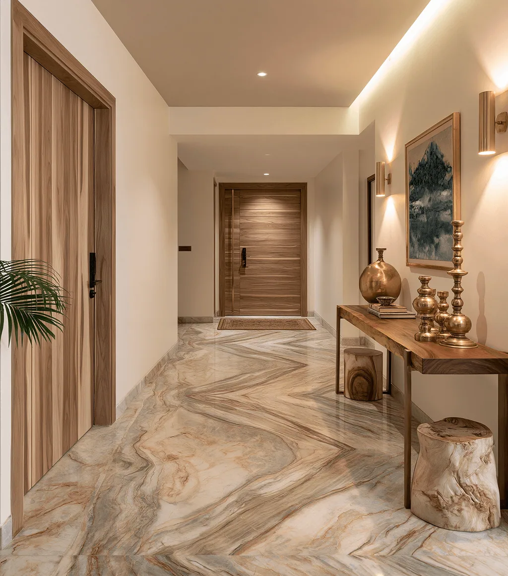 Hallway floored in beige-and-grey marble with sweeping wave veining