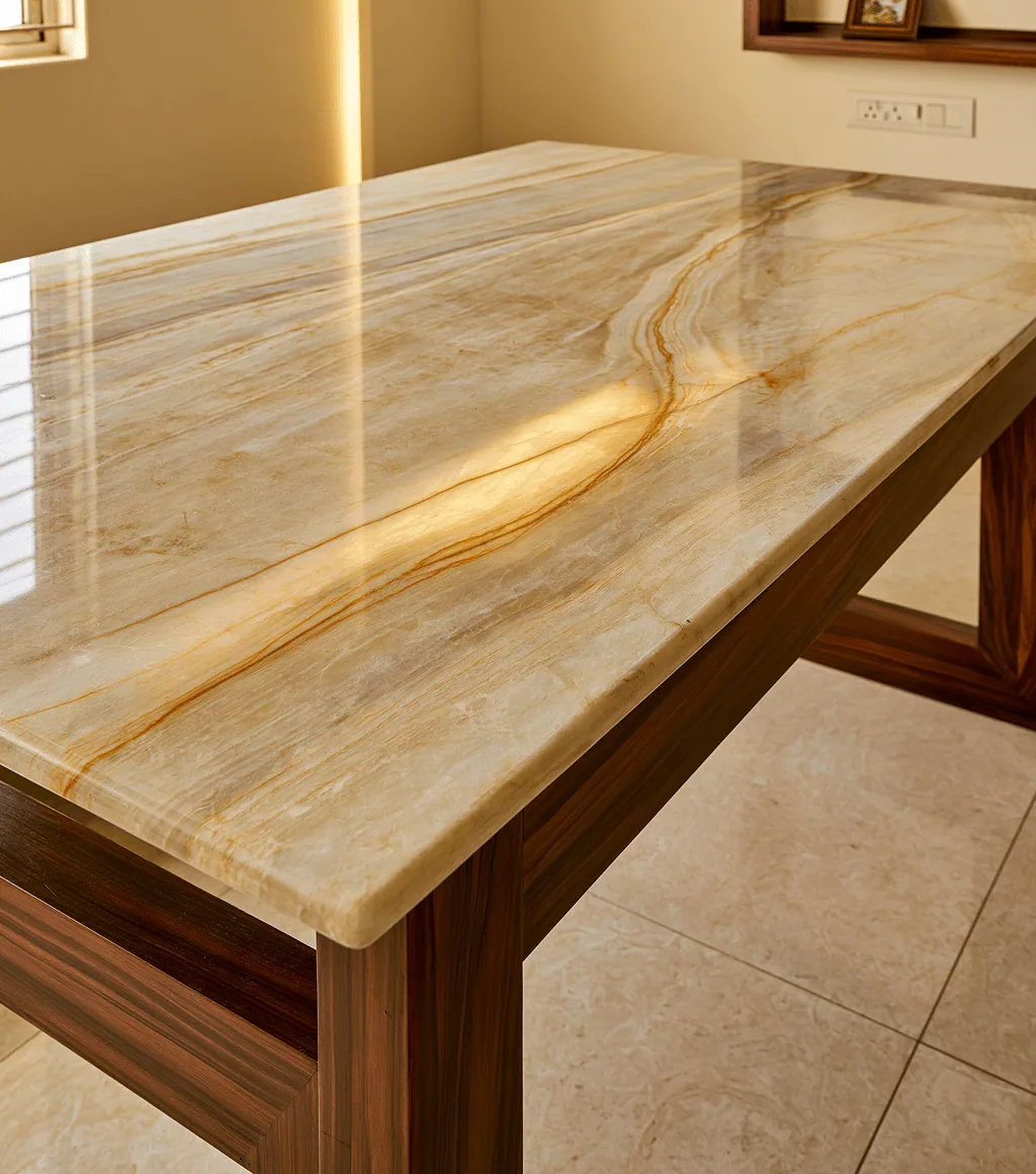 Dining table top in cream quartzite with fine gold veining