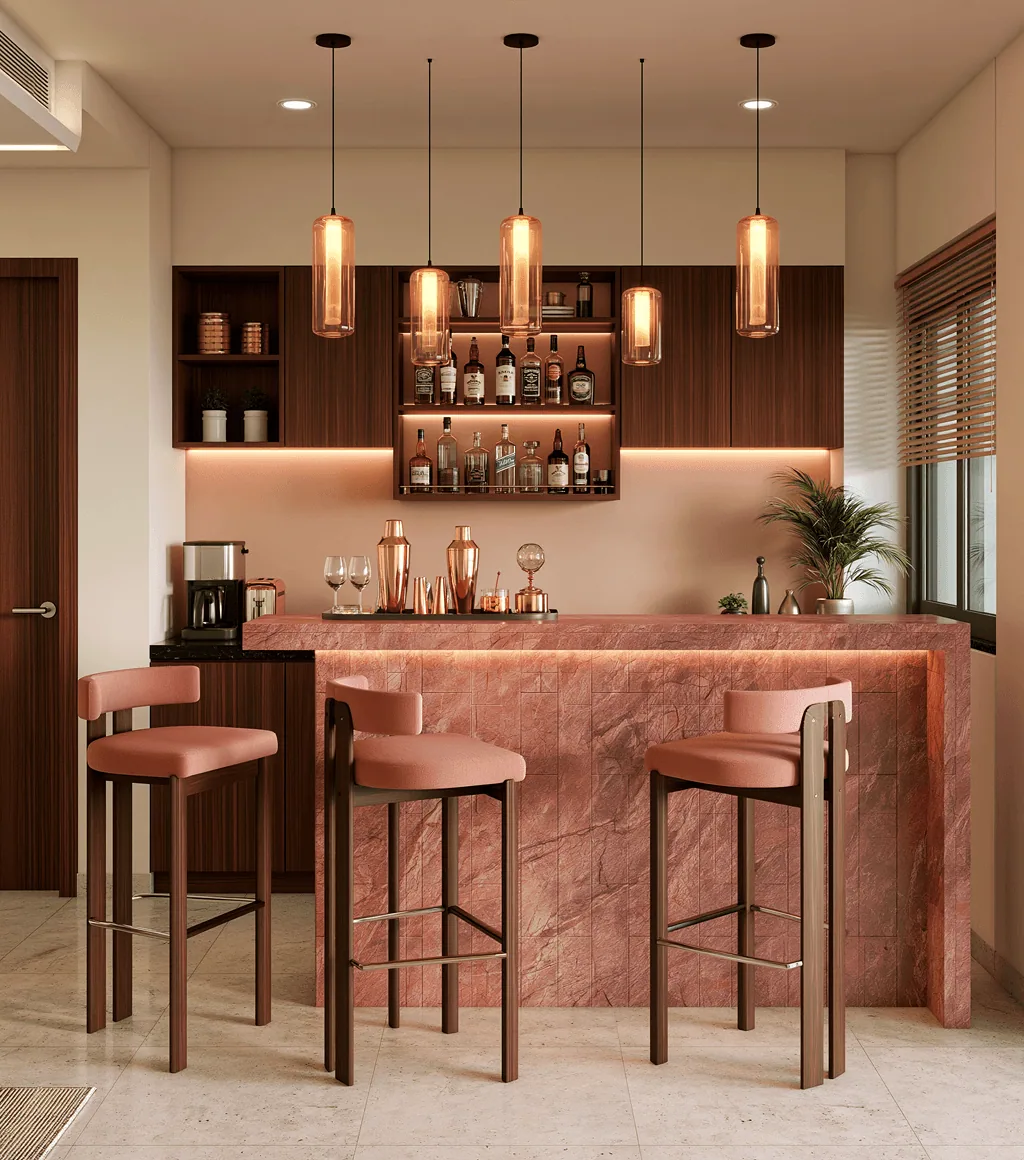 Home bar counter clad in dusty-pink quartzite tile