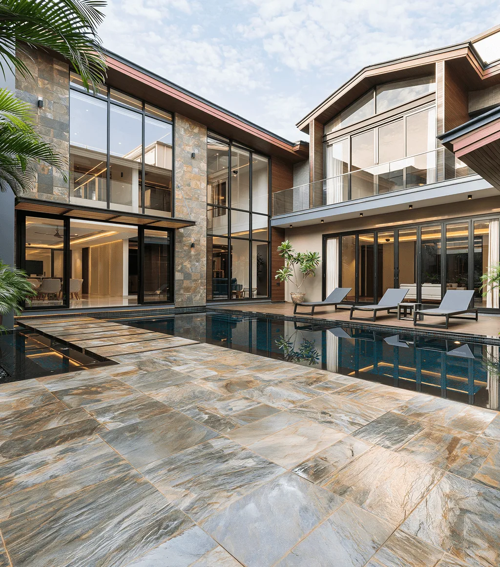 Poolside terrace in warm grey-and-tan quartzite paving, beside a rooftop infinity pool