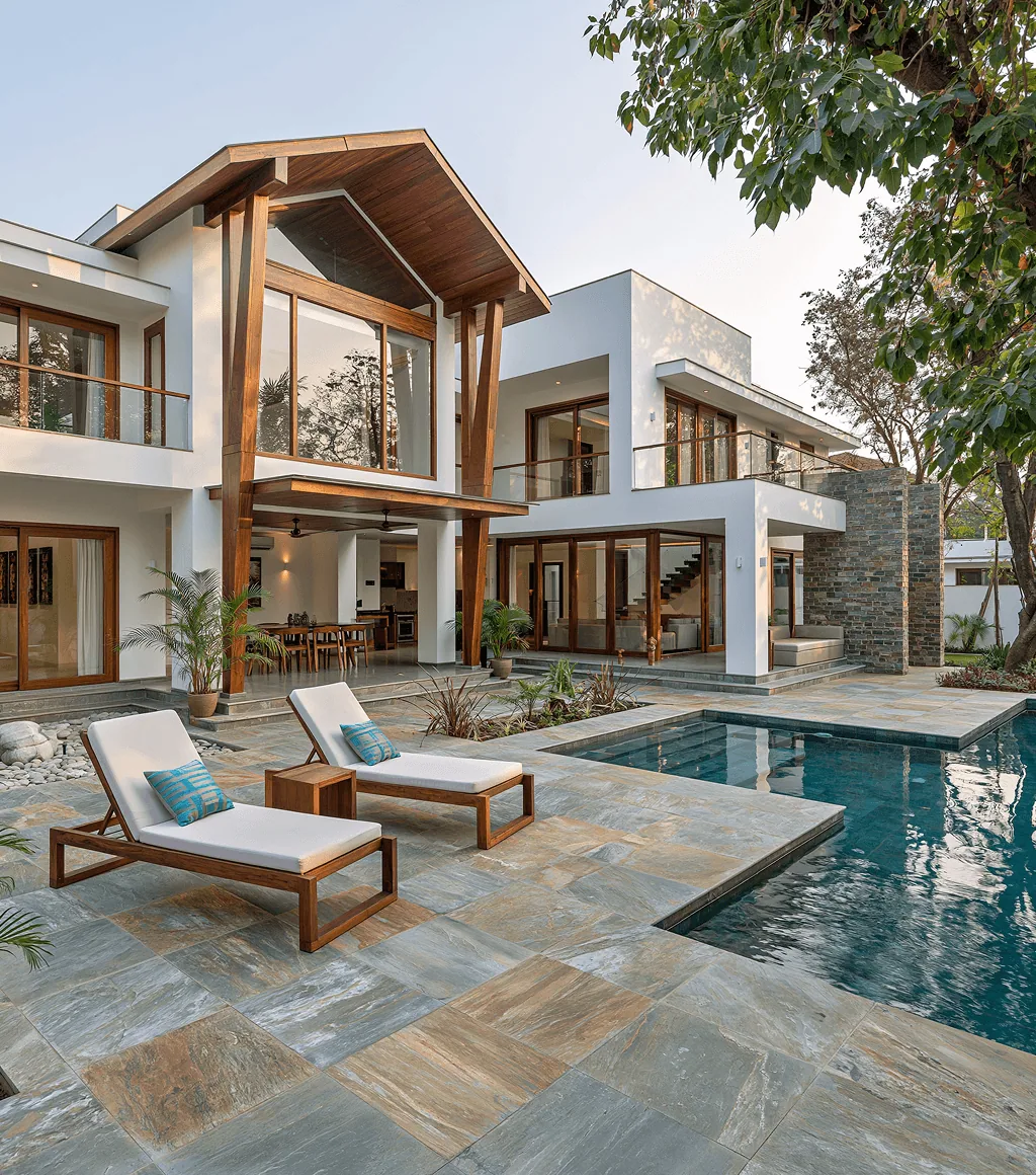 Pool deck floored in warm grey quartzite, with sun loungers beside an outdoor swimming pool