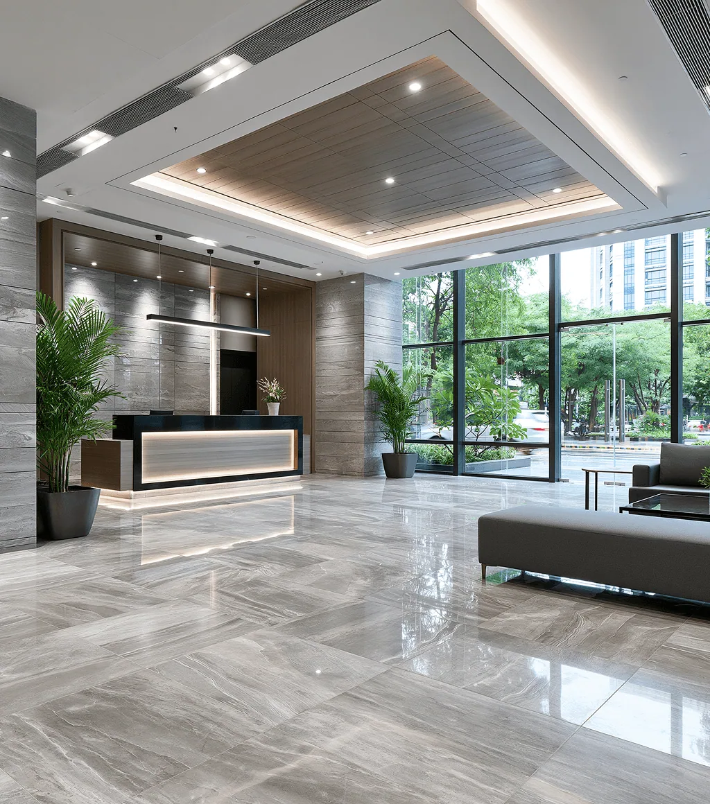 Office lobby floored in light grey quartzite-look large-format tile