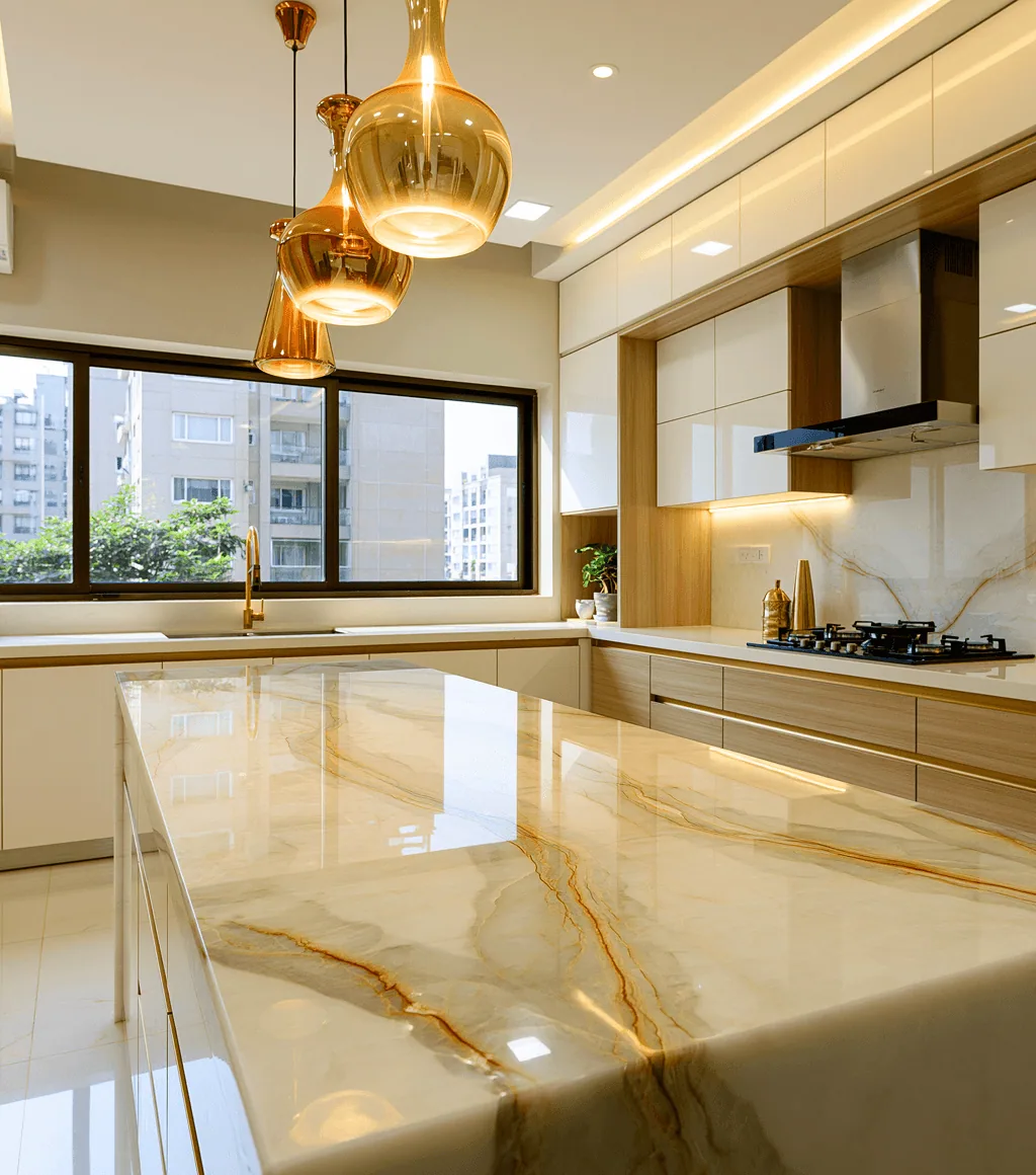 Kitchen island in golden quartzite with dense veining, and a matching backsplash