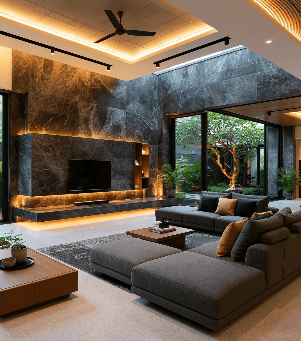 Living room feature wall clad in dark charcoal quartzite with pale veining, beside backlit shelving
