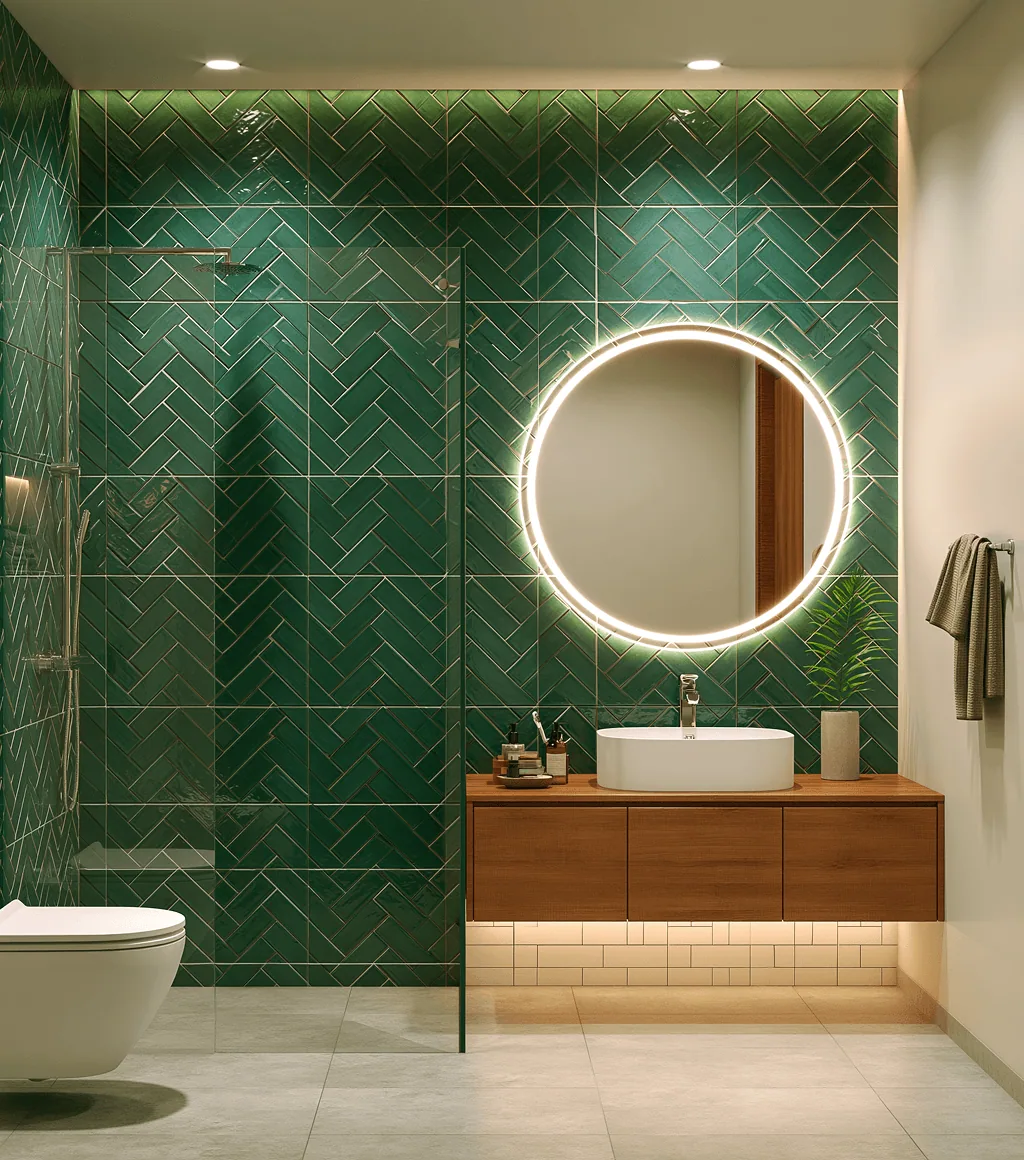Bathroom with emerald-green herringbone-pattern wall tile, a glass shower and a backlit round mirror