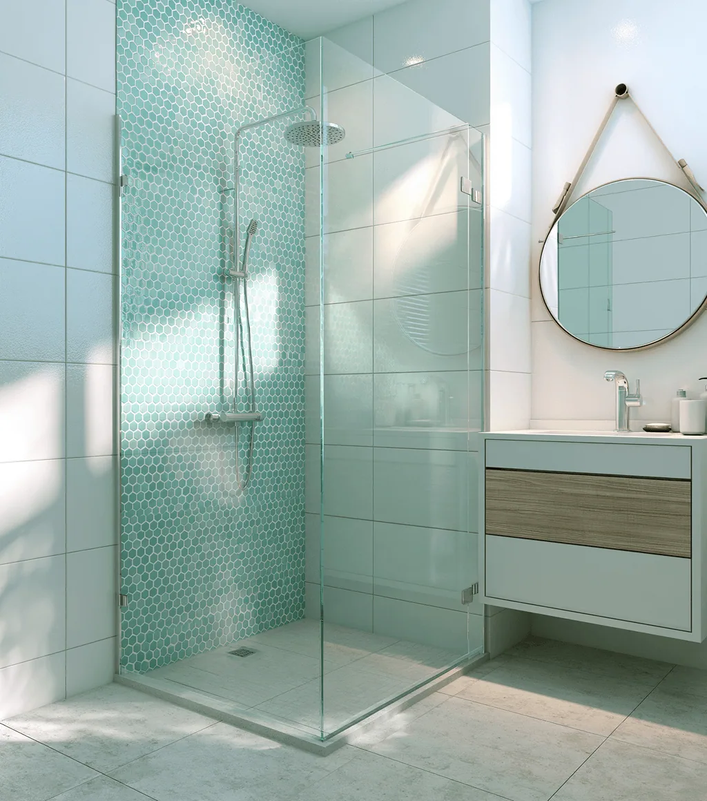 Bathroom with a mint-green penny-round mosaic accent wall in the shower, white wall tile elsewhere