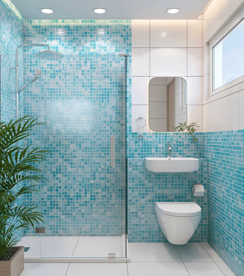 Bathroom with turquoise mosaic tile covering the walls floor to ceiling, behind a glass shower screen