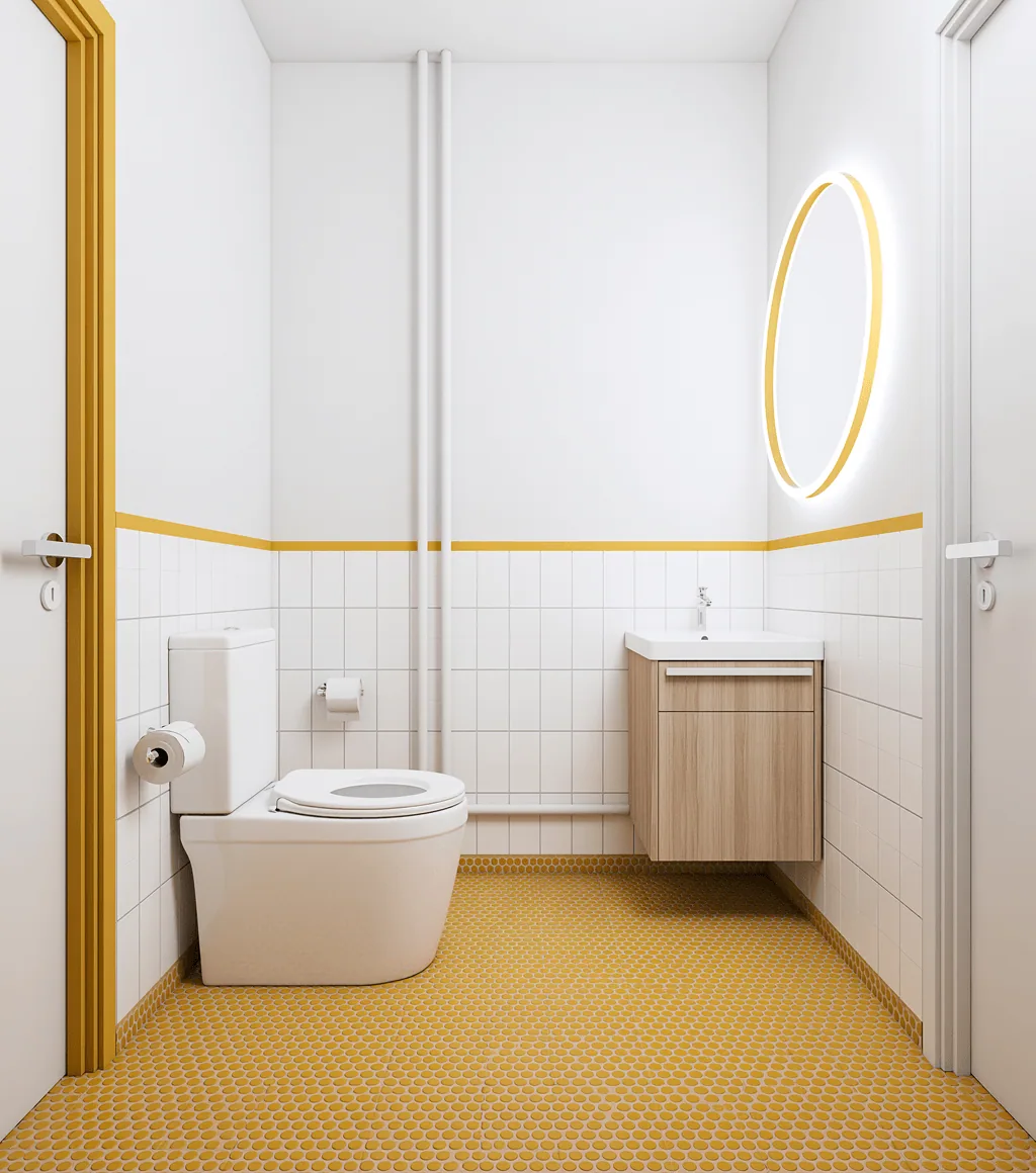 Bathroom with white wall tile and a mustard-yellow trim band, over a mustard penny-round mosaic floor