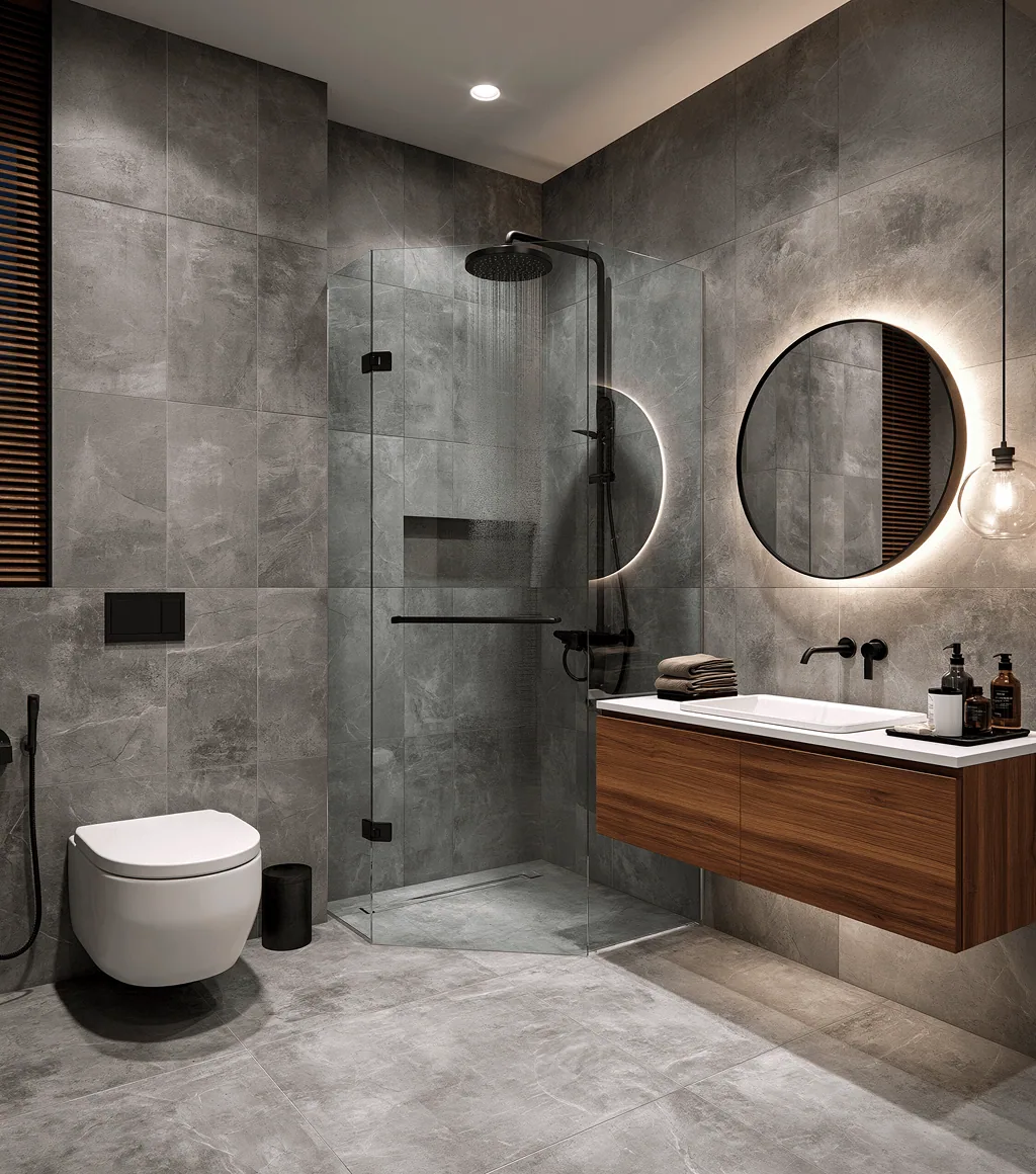 Bathroom in dark grey stone-look large-format wall and floor tile, with a glass shower, wood vanity and backlit round mirror