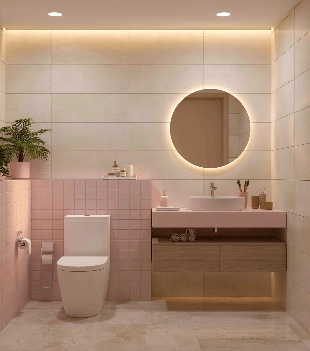 Bathroom with a warm cream stone-look wall tile and a pink square-tile half-wall behind the toilet and vanity
