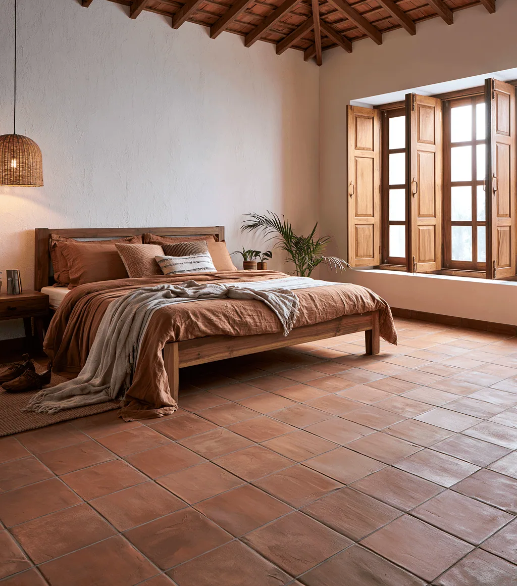 Bedroom in terracotta brick-red square floor tile, with wooden shuttered windows