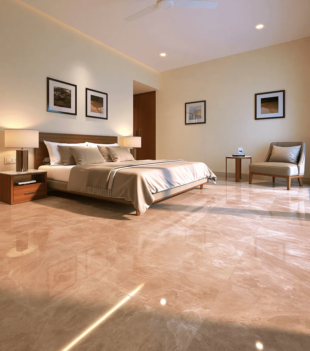 Bedroom floor in glossy pink-beige marble-look large-format tile, hotel-style room