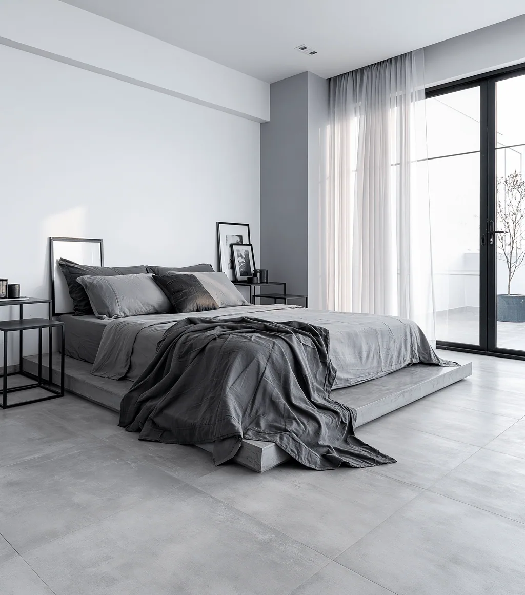 Bedroom floor in light grey concrete-look large-format tile, beside a platform bed and floor-to-ceiling glass door