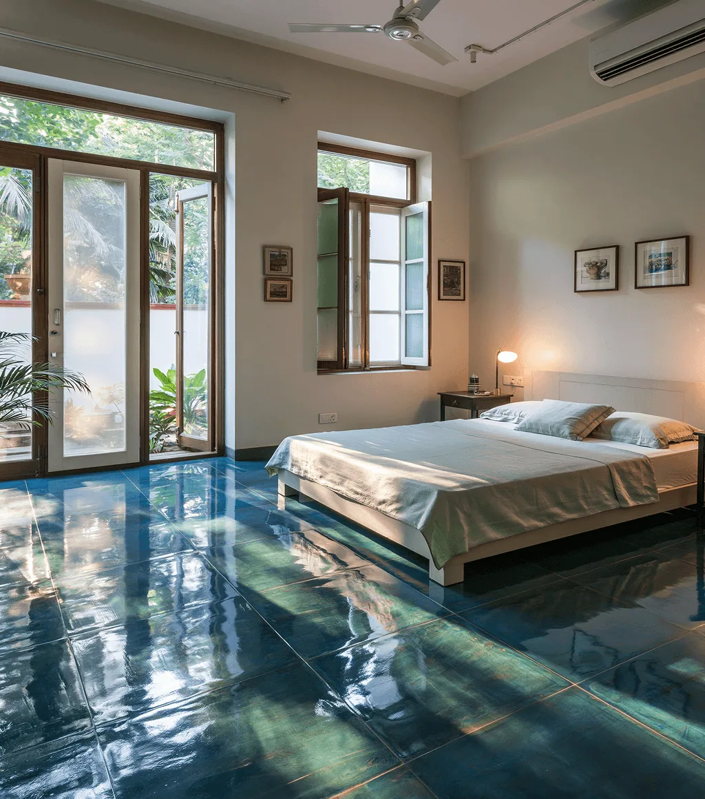 Bedroom floor in glossy deep blue-green tile with visible grout lines, beside garden-facing doors