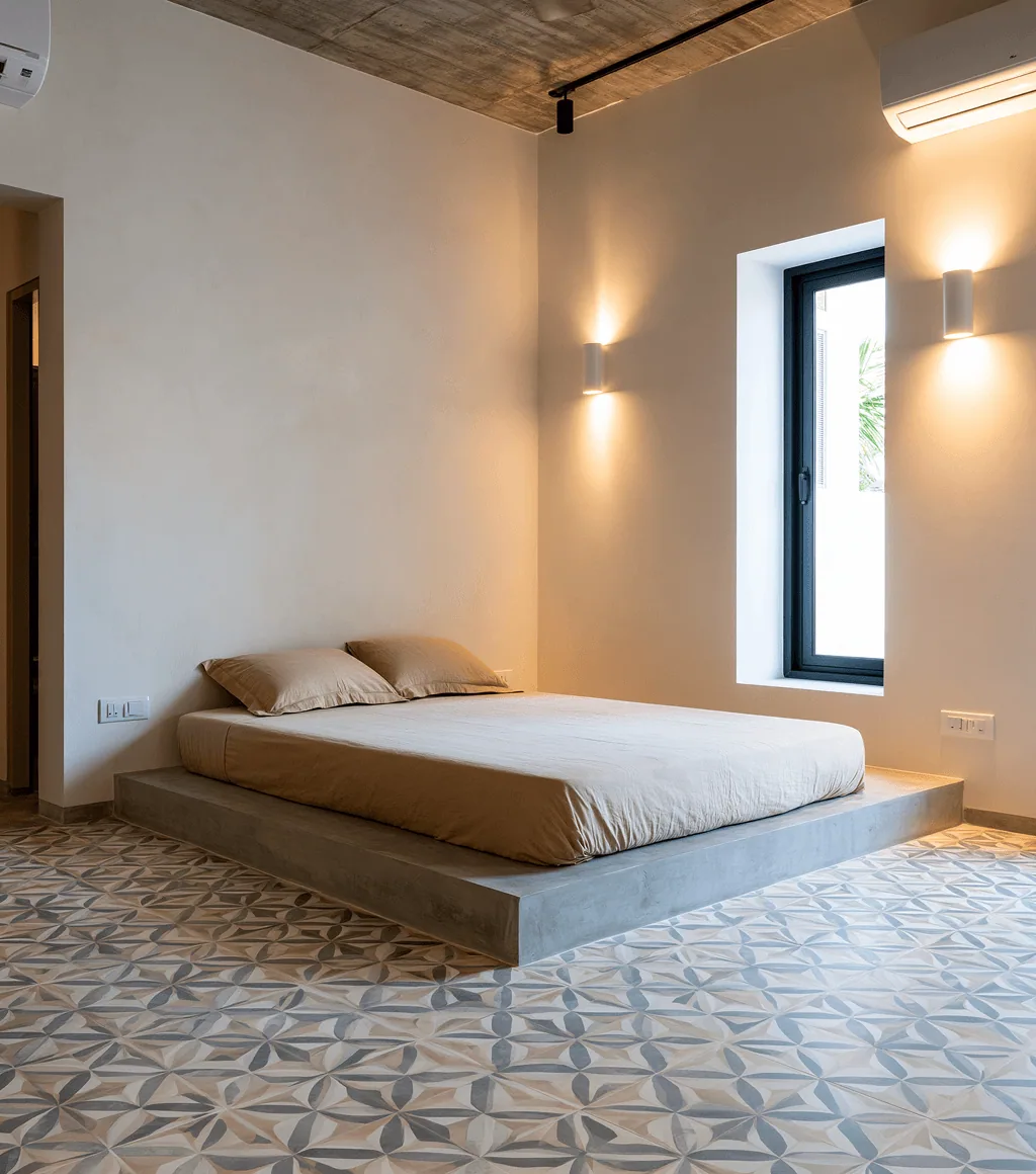Bedroom floor in a patterned grey-beige-tan geometric tile, beside a floating grey platform bed