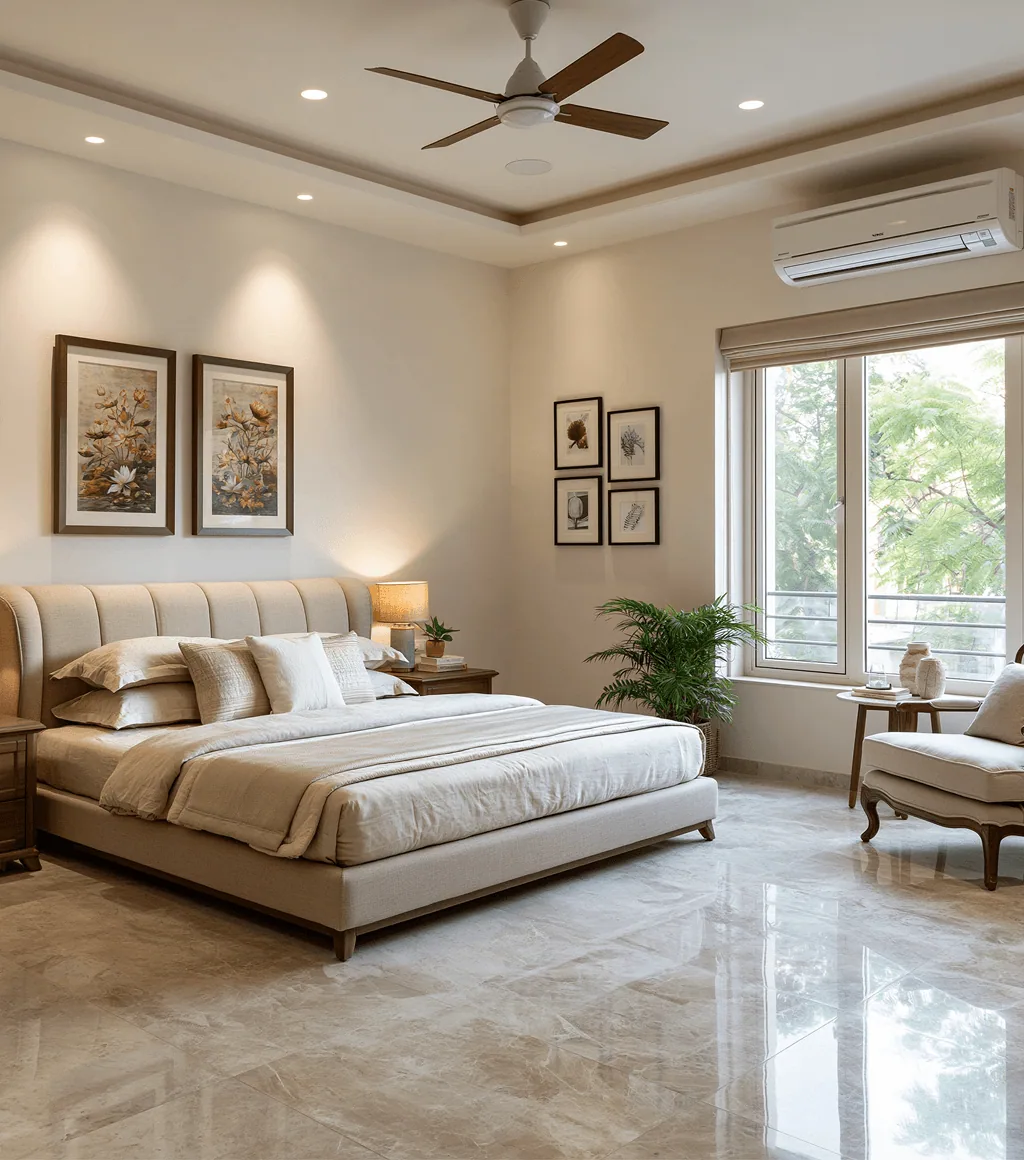 Bedroom floor in glossy beige marble-look large-format tile, beside an upholstered headboard and floral wall art