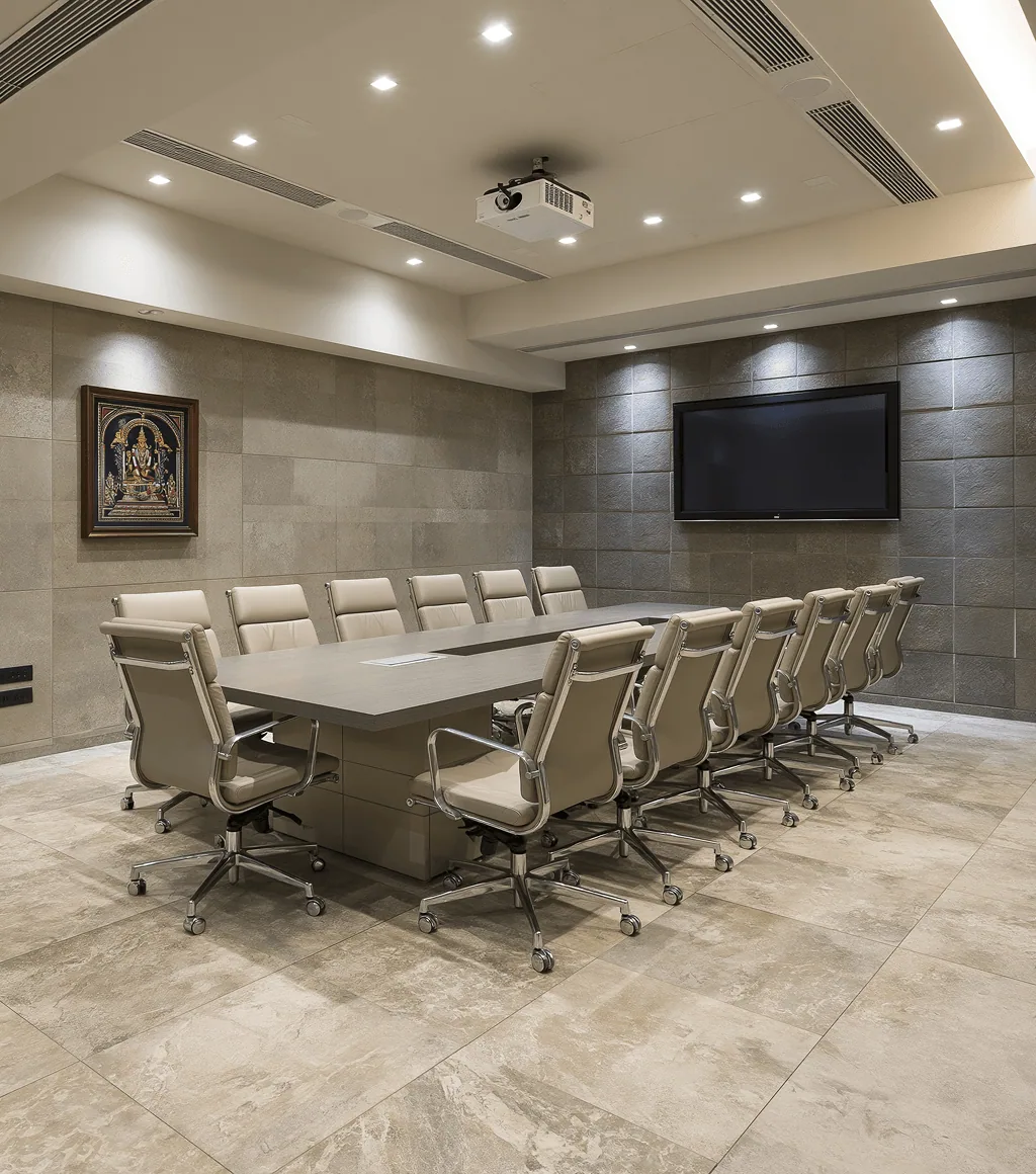 Boardroom with beige travertine-look large-format wall and floor tile, around a long conference table