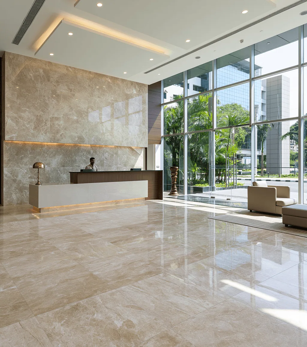 Office lobby reception in beige-cream marble-look large-format floor and wall tile, behind a glass facade