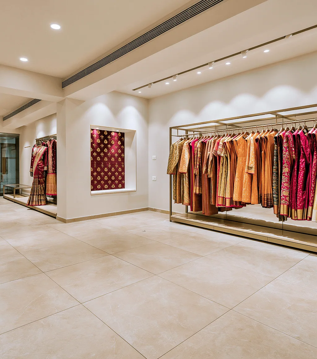 Boutique retail store in beige large-format floor tile, with garment display racks