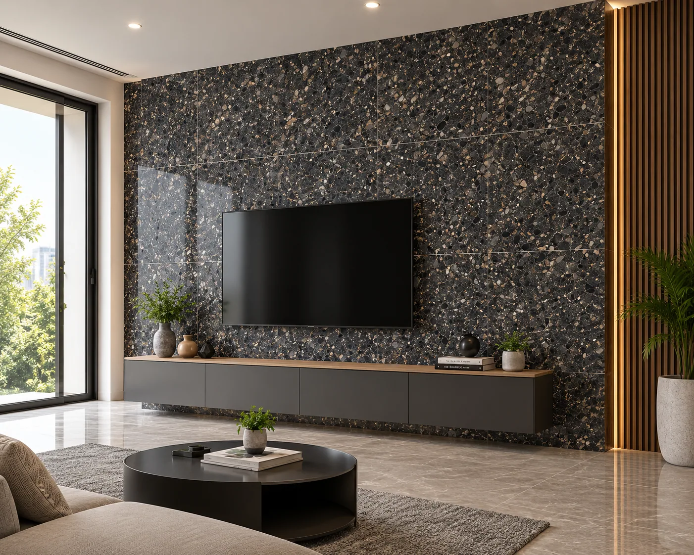 Living room television wall clad floor to ceiling in dark speckled granite-look tile, above a grey floating console and a polished stone floor