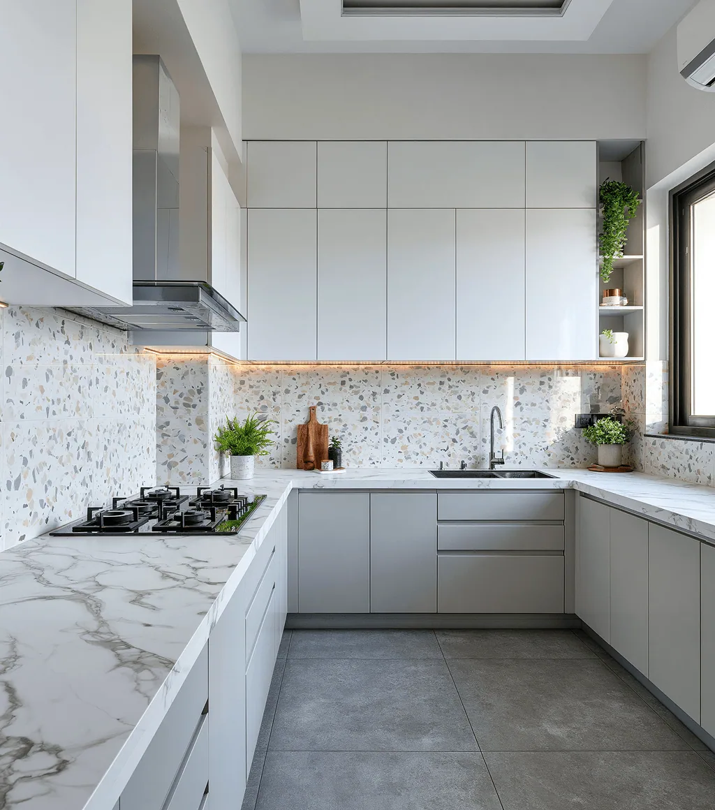 Kitchen with grey concrete-look large-format floor tile and a terrazzo-look backsplash