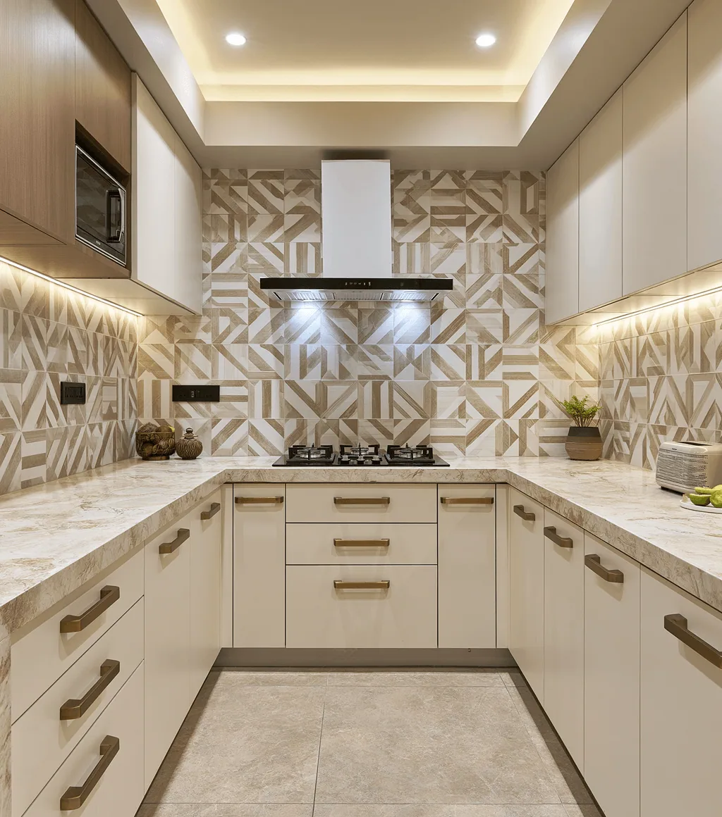 Kitchen with beige large-format floor tile and a geometric abstract-pattern backsplash