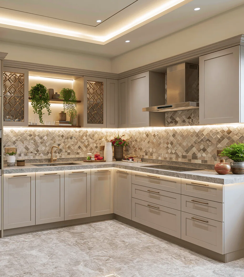 Kitchen with grey stone-look floor tile and a diamond mosaic backsplash