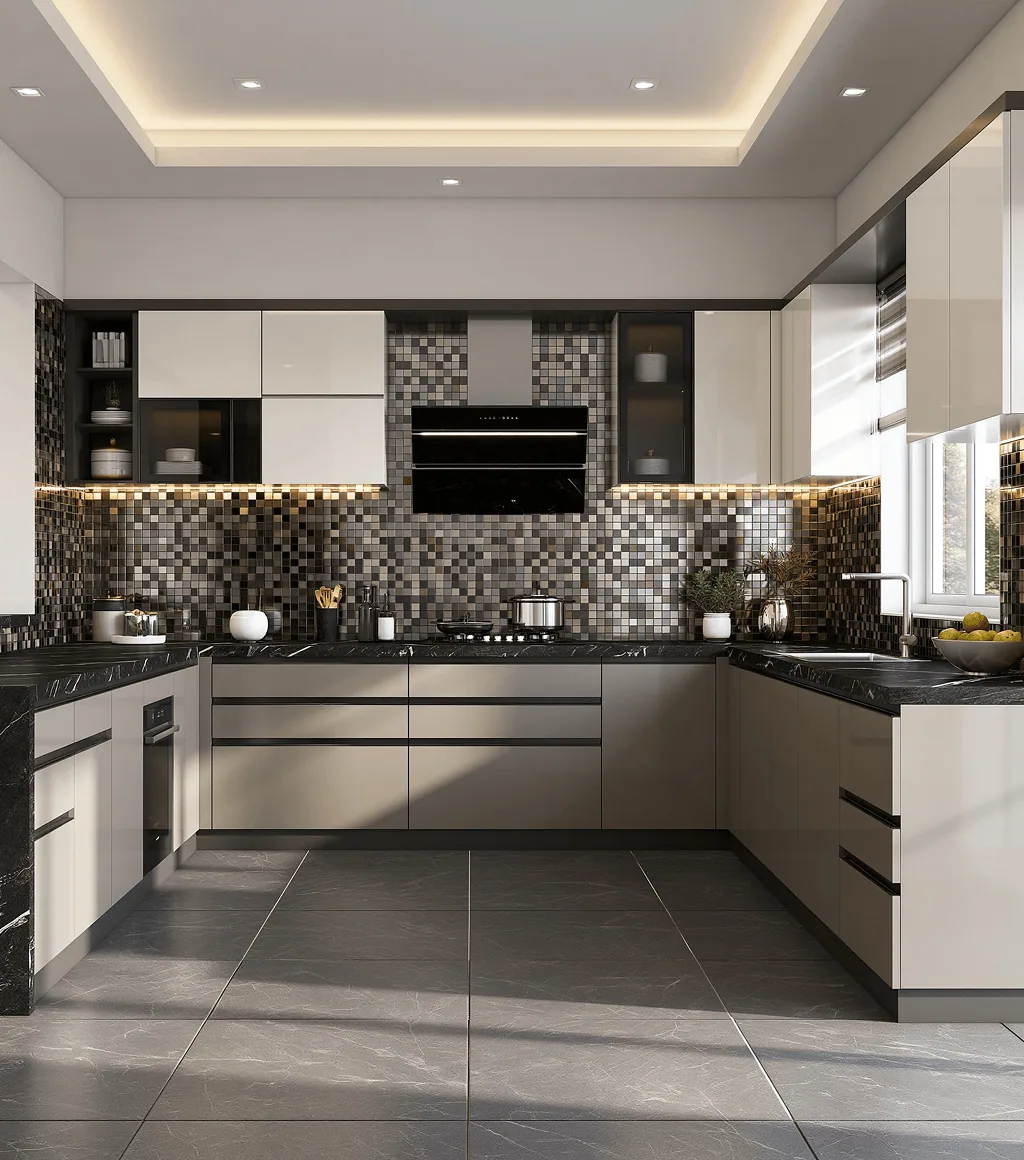 Kitchen with dark grey stone-look floor tile, a dark mosaic tile backsplash and a black countertop