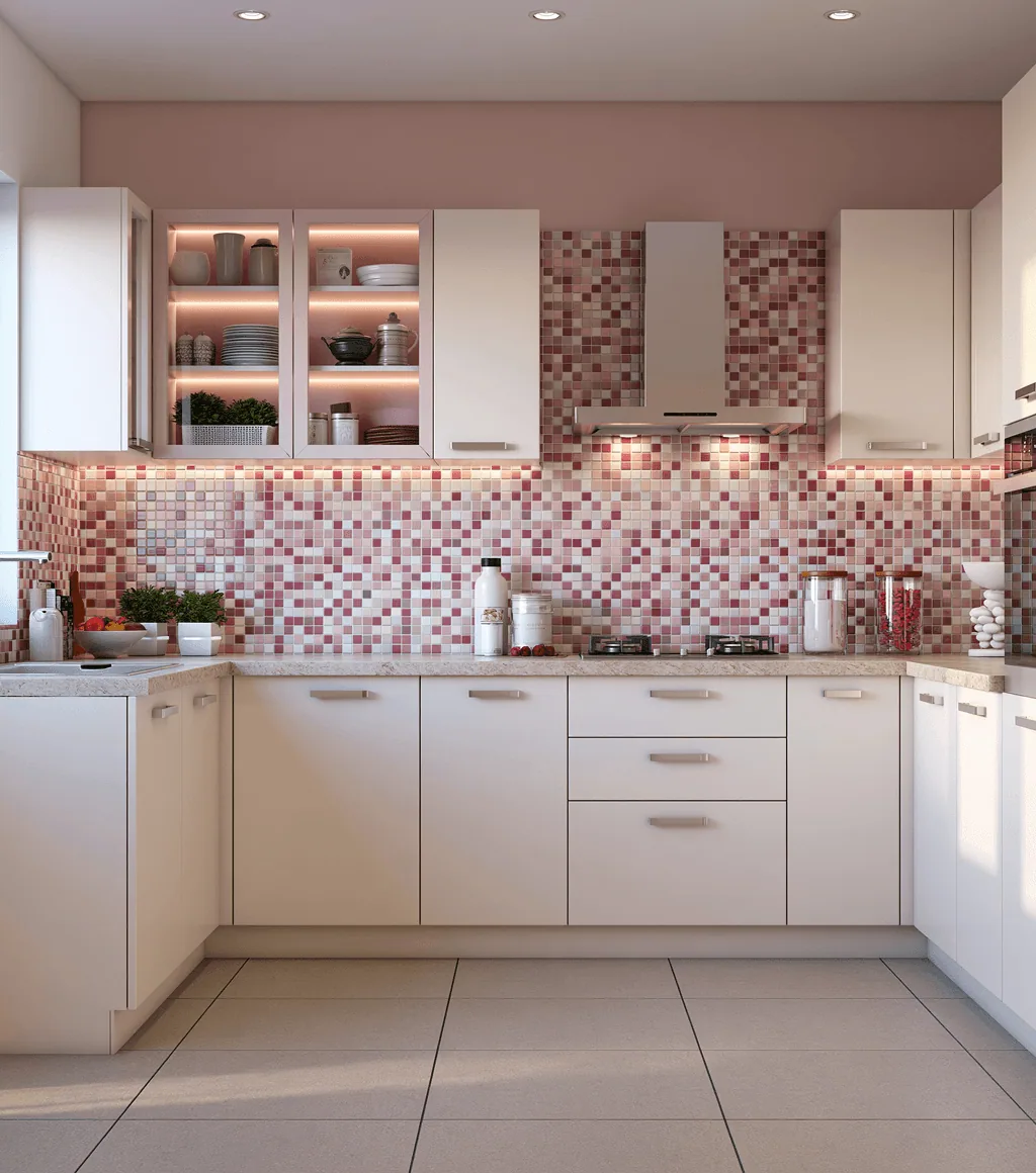 Kitchen with a dusty-rose mosaic-tile backsplash and cream cabinetry