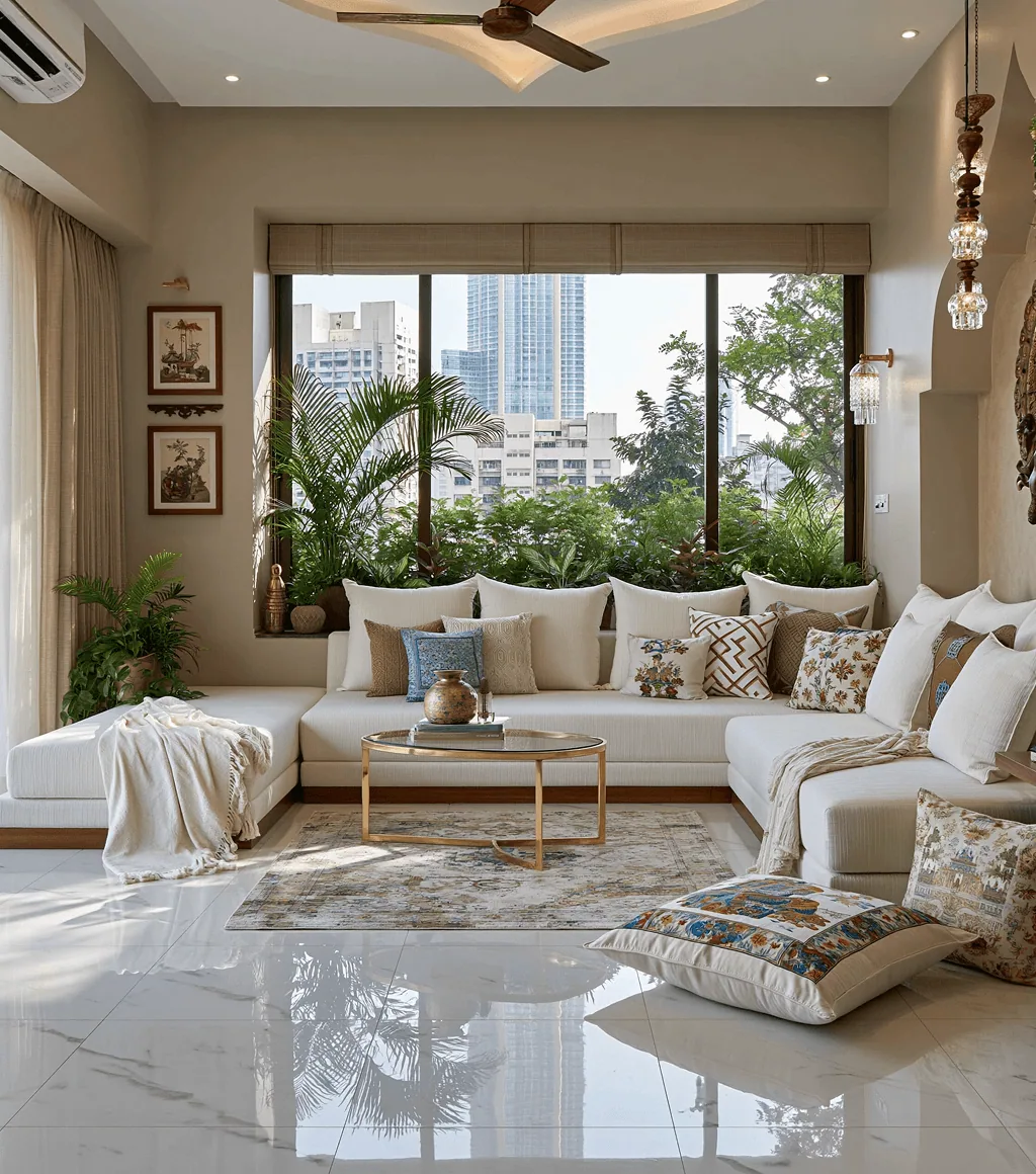 Living room with glossy white marble-look floor tile, a sectional sofa and floor-to-ceiling city-view windows