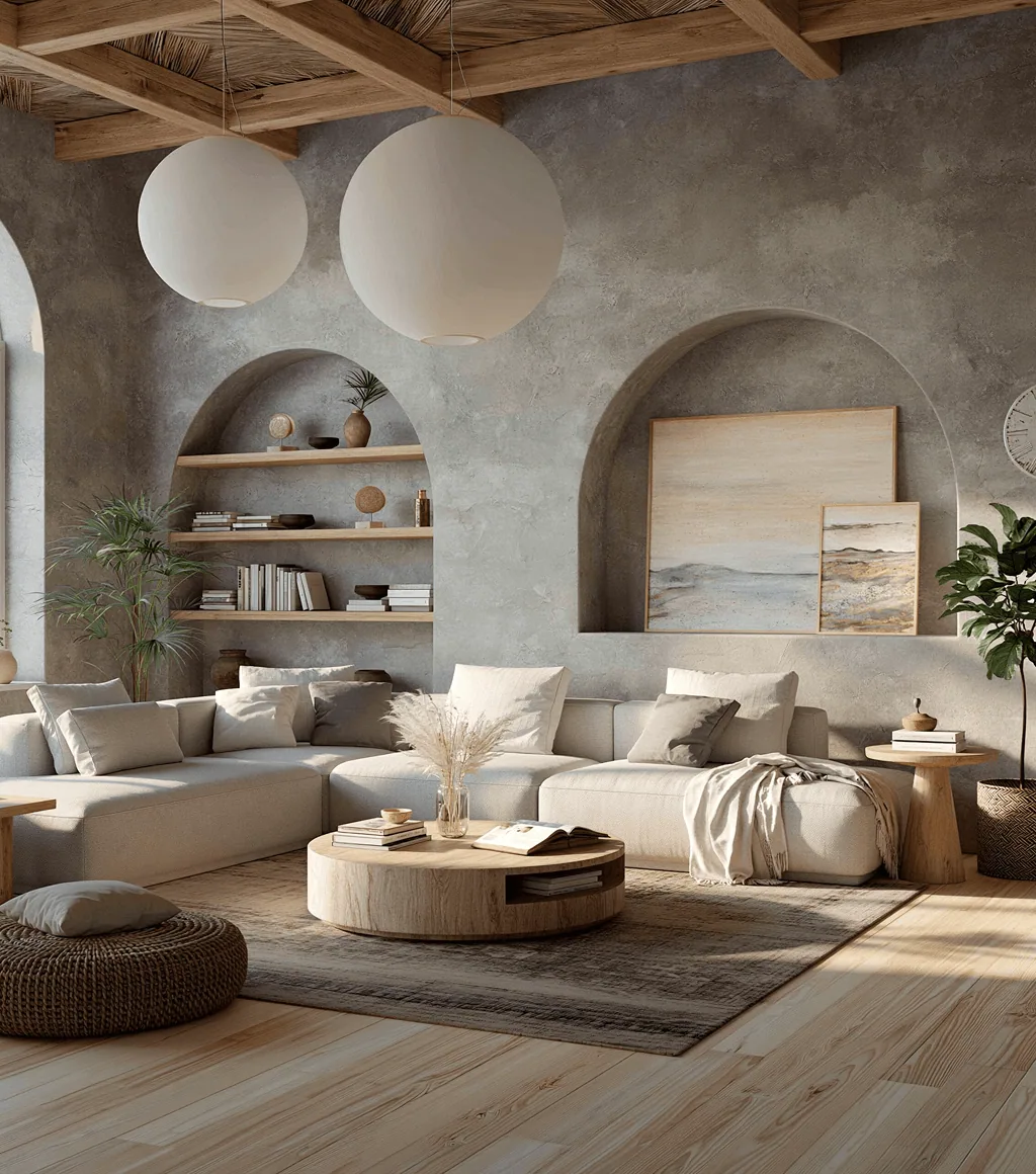 Living room with light wood-look plank flooring and a rendered concrete wall of arched niches