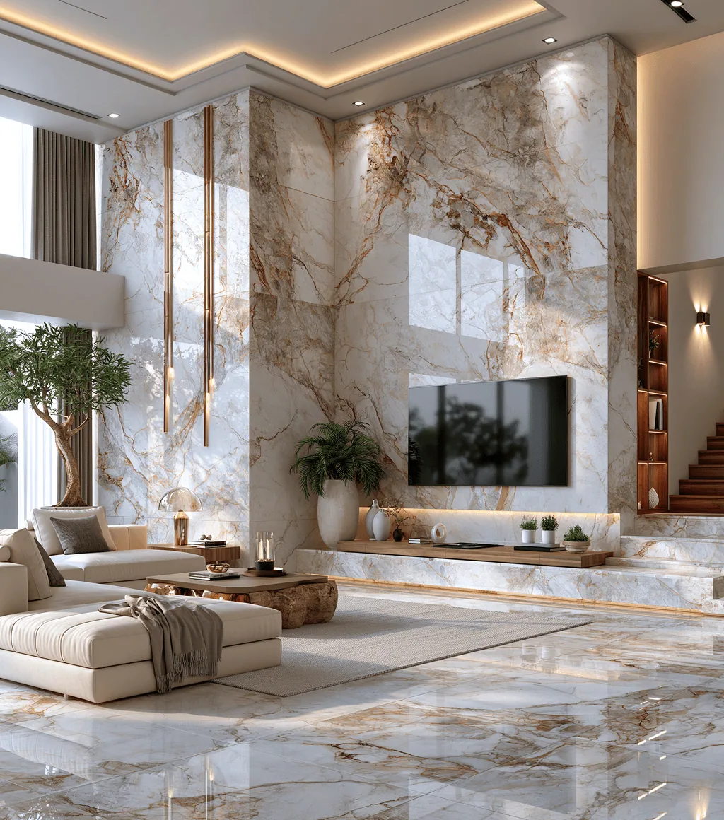 Grand living room floor and wall in white marble-look tile with heavy gold veining, beside a timber staircase