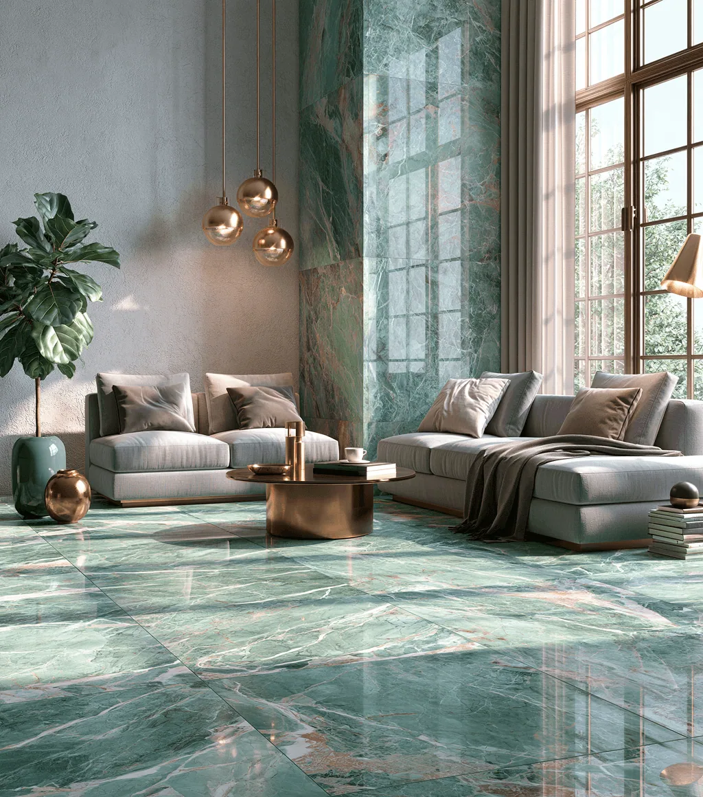 Living room floor and wall clad in green marble-look tile with pink veining, under brass globe pendants