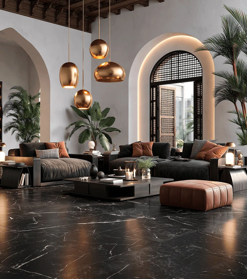 Living room in black marble-look floor tile with bold veining, beneath a vaulted timber ceiling and arched doorway