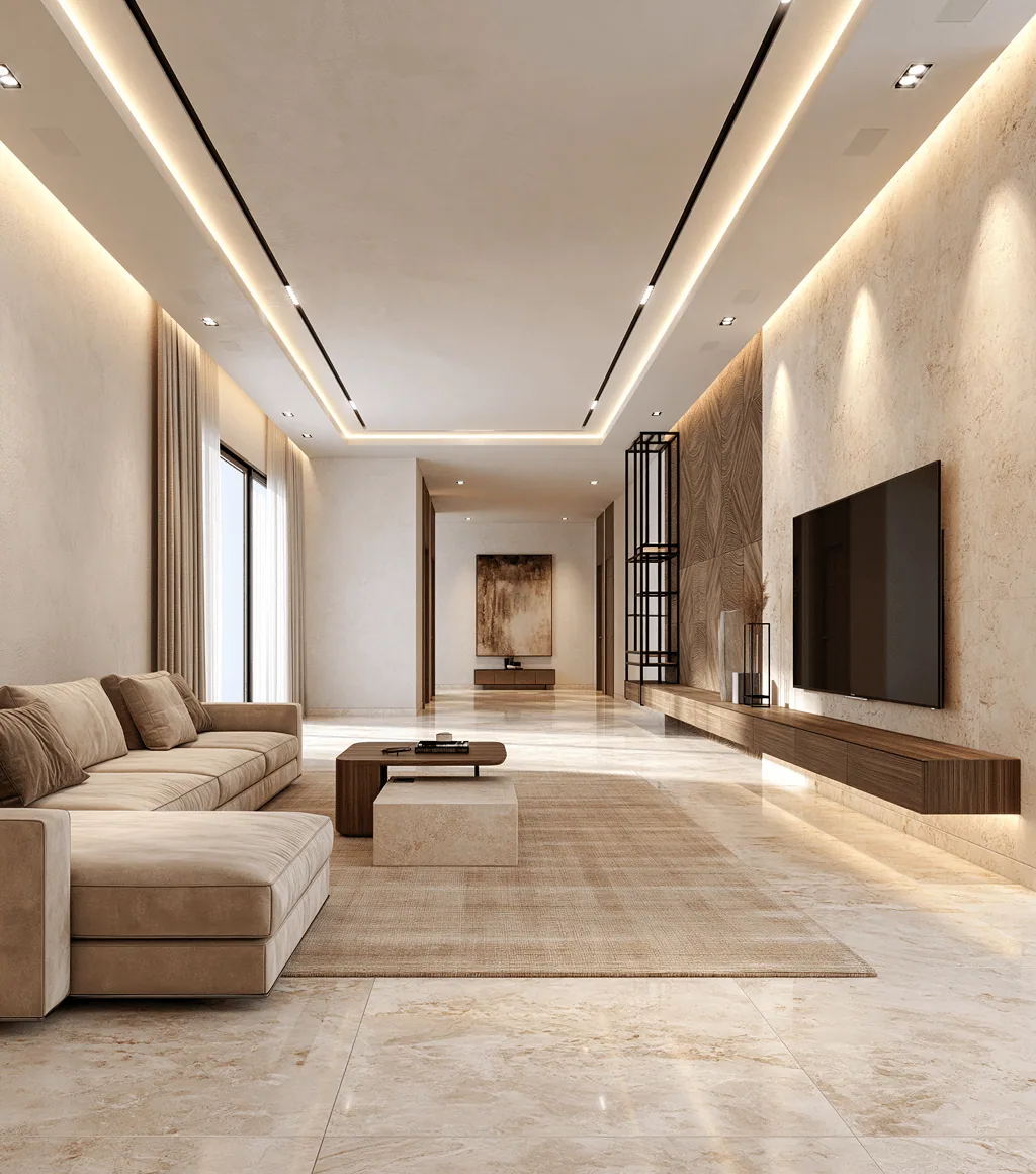 Long living space in cream marble-look large-format floor and wall tile, leading to a media wall