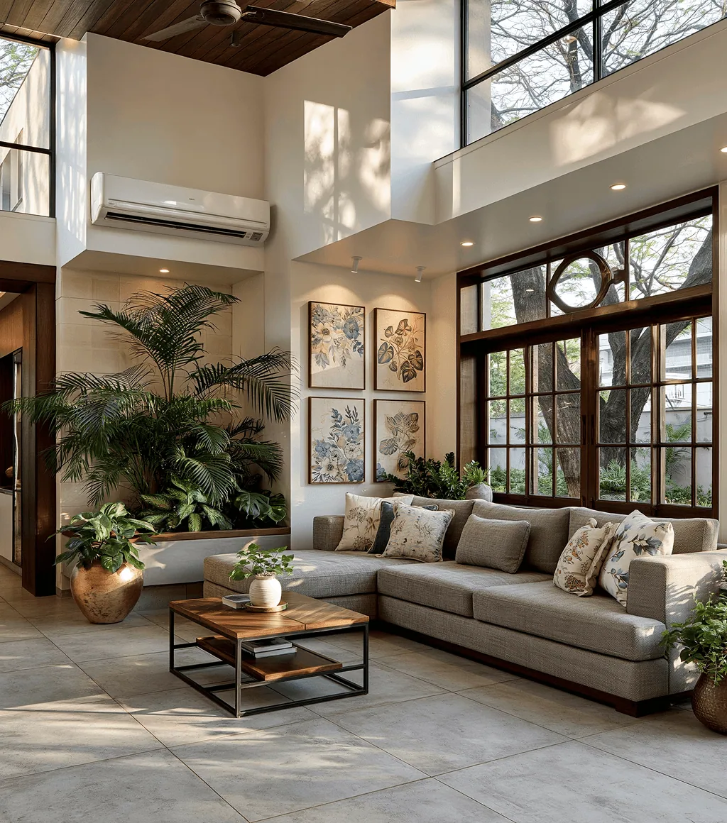 Living room floor tiled in a wood-look herringbone pattern beneath a double-height window wall