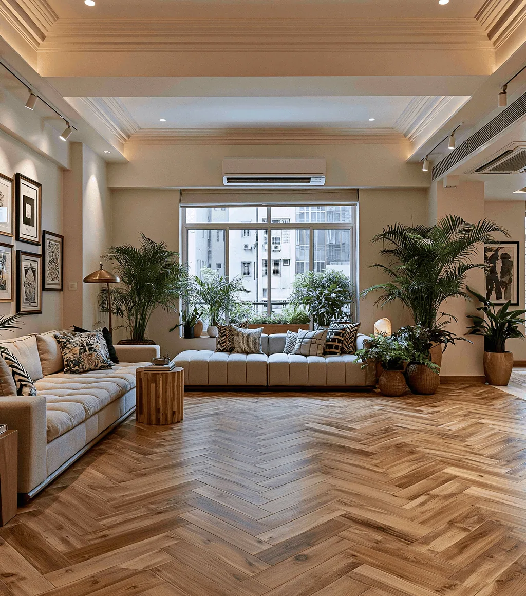 Living room floor in warm terracotta brick-bond tile, with timber furniture and a framed gallery wall