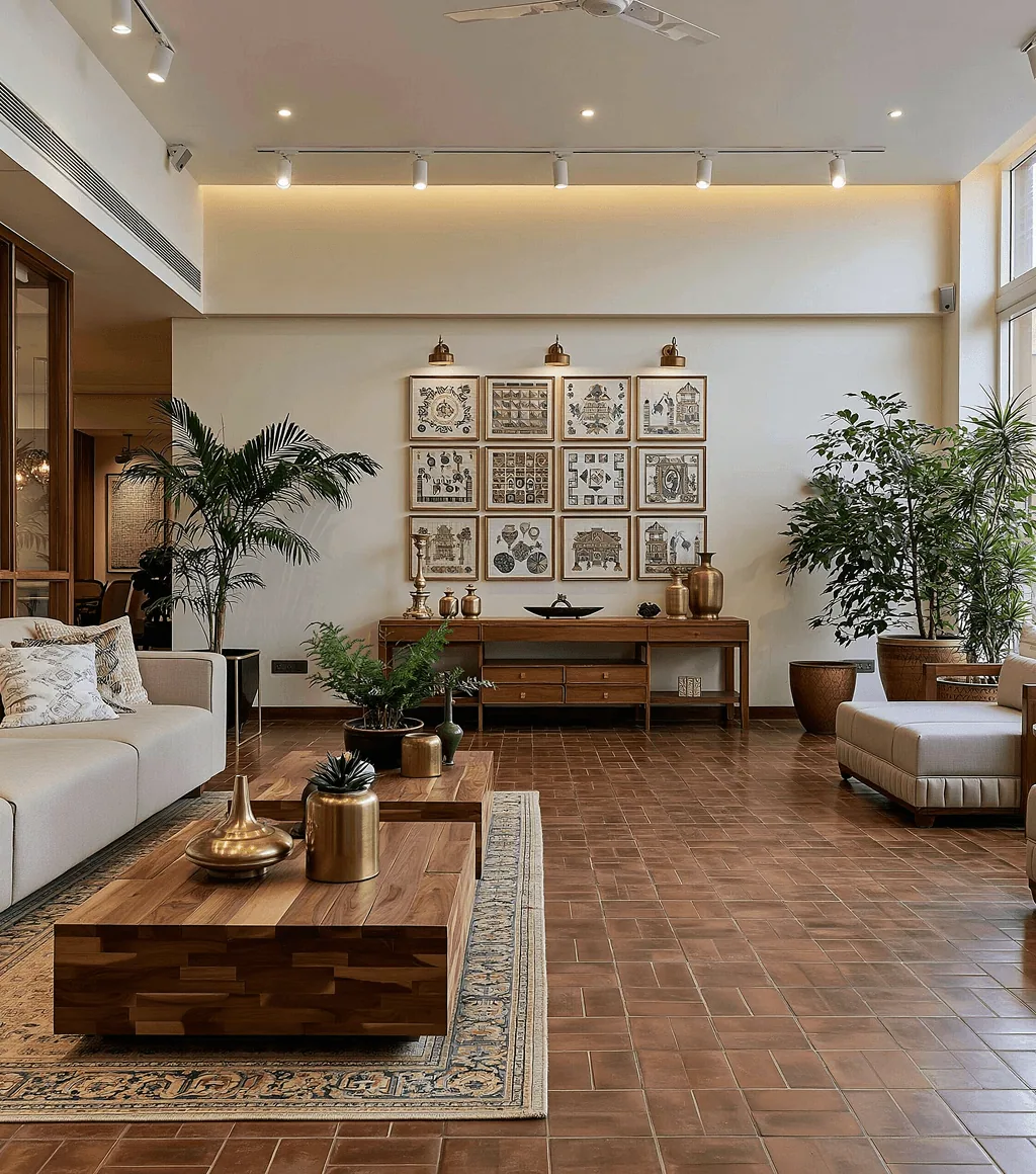 Living room in dark grey stone-look large-format floor tile, with tall arched glazing