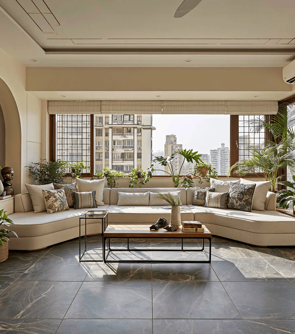 Living room floor in warm beige large-format tile, beside a carved wood-panelled wall and marble console