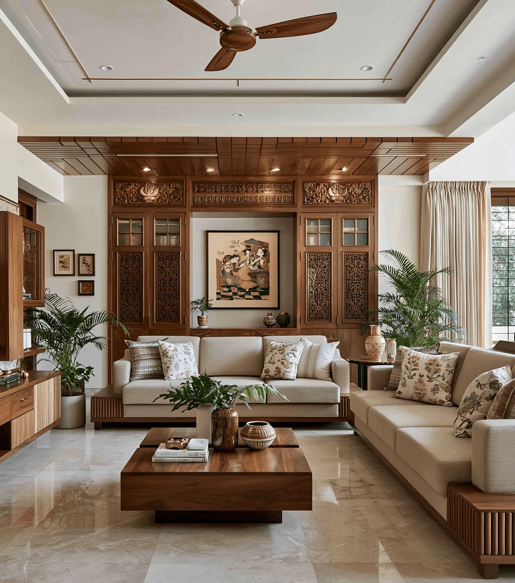 Rustic living room with light wood-look plank flooring and rendered concrete arched niches