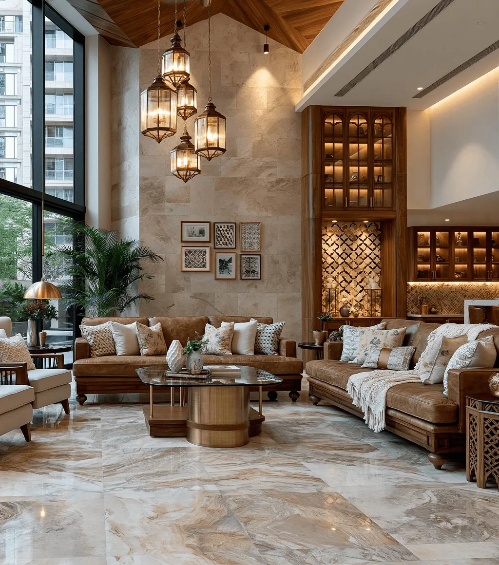 Living room floor and wall clad in beige marble-look tile with bold gold veining, under hanging lantern pendants
