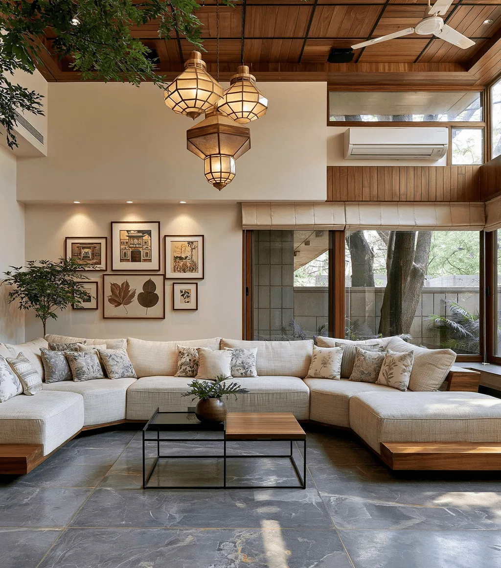 Living room in dark grey stone-look large-format floor tile, under a timber-clad ceiling and pendant lanterns