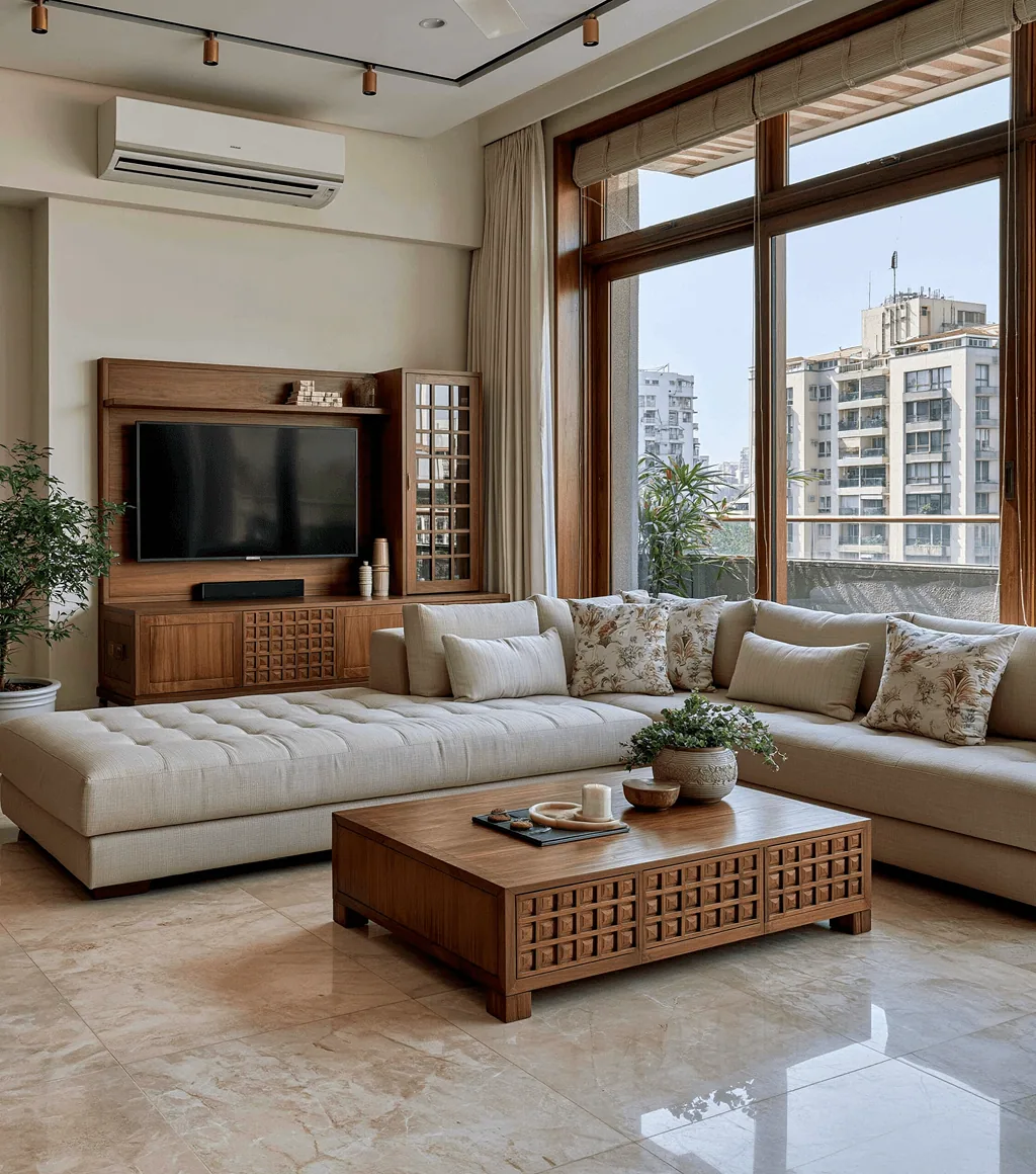 Living room floor in warm beige marble-look tile, beside a wood-panelled TV unit and a city-view window