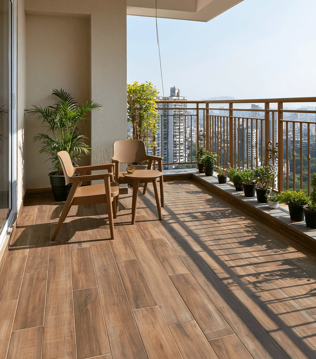 High-rise balcony with wood-look plank tile flooring and a city skyline view